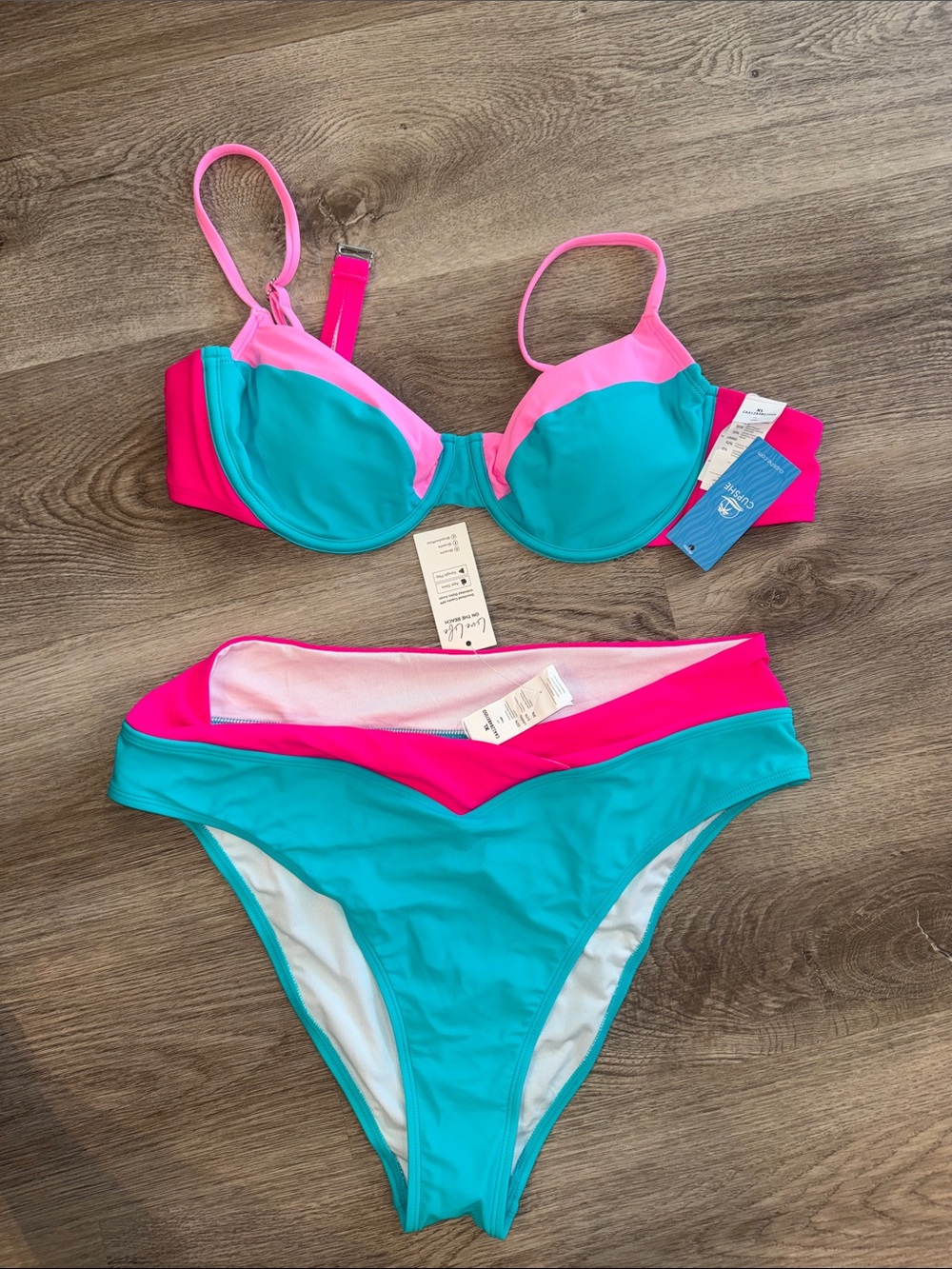Cupshe Teal and Hot Pink Colorblock Bikini Set